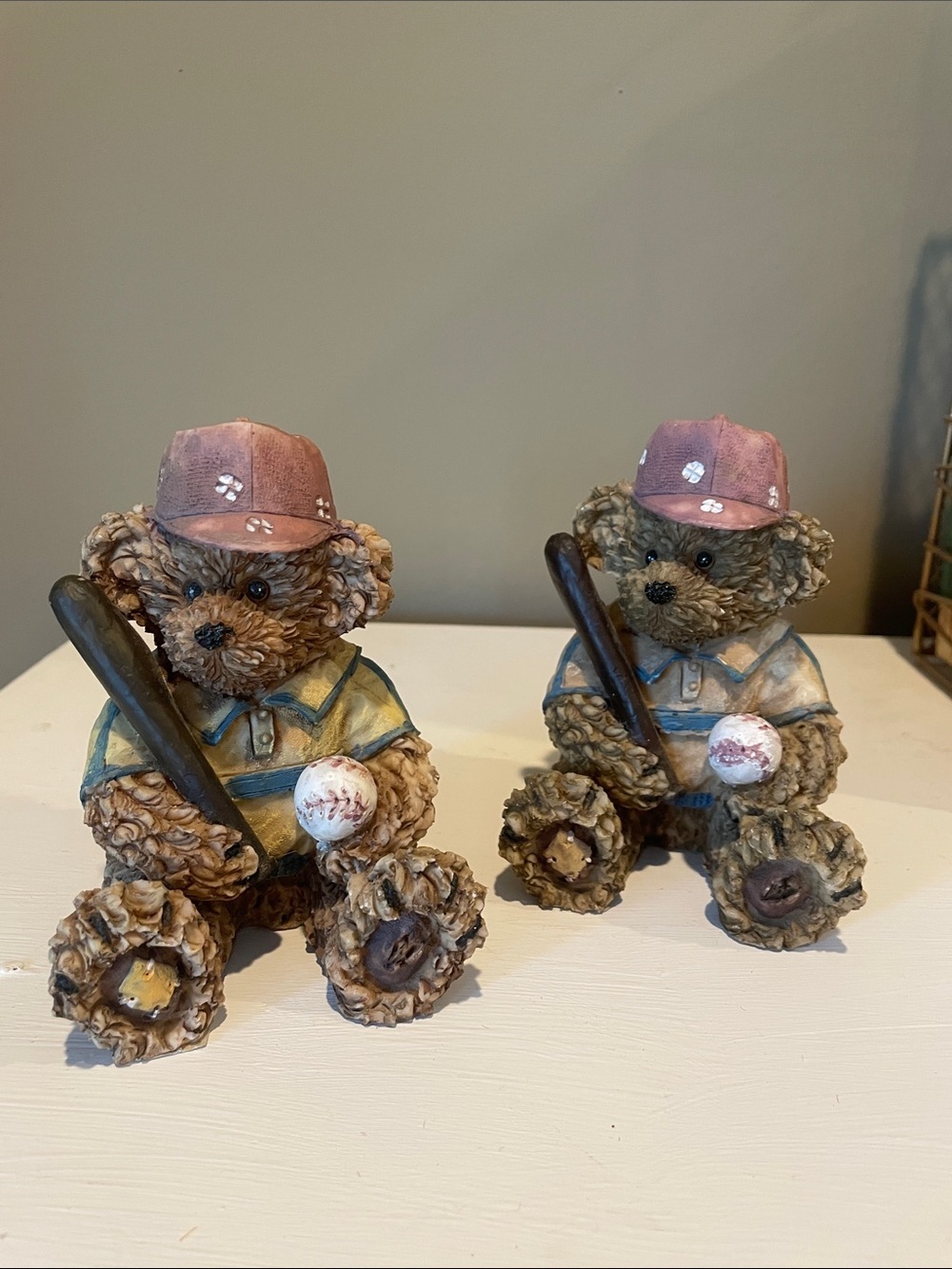 Decorative Baseball Teddy Figurine Pair - Mauve Hats